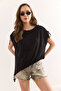Women's Black Asymmetrical Drawstring Detailed Draped Knitted Viscose Blouse Blz-19002932 - 5
