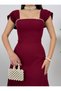 Women's Burgundy Square Neck Pearl Detailed Midi Evening Dress - 2
