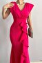 Fuchsia Double Breasted Collar Flounced Slit Detail Scuba Fabric Fish Evening Dress - 2