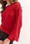Women's Red Roba Lace-Up V-Neck Openwork Cotton Blouse Blz-19002272 - 4