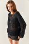 Women's Black Tiny Pompom Openwork Cotton Knitwear Blouse BLZ-19002336 - 8