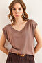 Women's Mink Silver Stitching Detailed V-Neck Knitted Viscose Blouse Blz-19002659 - 7