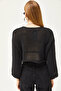 Women's Black Dirty Collar Openwork Crop Cotton Knitwear Blouse BLZ-19002560 - 5