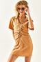 Women's Camel Polo Neck Gathered Waist Mini Dress ELB-19001965
