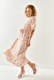 Women's Salmon White Buttoned Belted Sleeve Detailed Woven Viscose Dress ELB-19001524 - 8