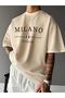 Milano Italia Printed Single Jersey Beige T-Shirt - Oversize Crew Neck T-Shirt
