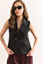 Women's Black Flannel Pocket Lined Vest Ylk-19000065 - 4