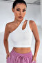 Night Women's White One-Shoulder Cut Out Detailed Crop Top Blouse - 3