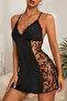 Night Women's Black Cross-Back Low-Cut Transparent Lace Nightgown - 4