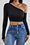 Women's Black Single Shoulder Detailed Long Sleeve Crop Top Blouse