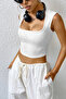 Night Women's White Square Collar Thickened Shoulder Detailed Crop Top Blouse - 5