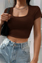 Night Women's Brown Half Sleeve Plain Collar Crop Top Blouse - 6
