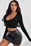 Night women's black long sleeve square neck crop top blouse - 4