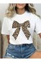 Women's Bow Leopard Printed White Black T-Shirt Oversize Casual