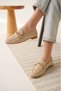 Women's Beige Daily Comfortable Stylish Detailed Oxford Masculine Soft Leather Loafer Ballet Shoes - 2