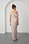 Women's Beige Slim Fit Degaje Collar Slit Satin Midi Dress - 5