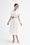 Women's White Straw Belted Midi Shirt Dress