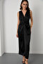 Women's Black Knot Detailed Midi Satin Dress - 3