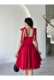 Red Bustier Detailed Strappy Satin Evening Dress - 5