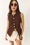 Women's Bitter Brown Regular Bisilet Collar Gold Button Detailed Lined Woven Vest 9005 60283150 - 5