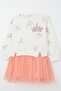 Girls' Long Sleeve Dress Swan Pattern Glitter Crown Printed 1.5-5 Years, Ecru - 8