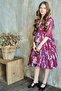 Girl's Rose Patterned Burgundy Dress with Layered Ruffles and Pleated Collar and Skirt