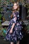 Girl's Rose Patterned Black Dress with Layered Ruffles at the Collar and Skirt - 2