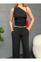 Women's Black One Shoulder Detailed Textured Blouse Pants Double Set - 4