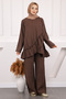 Brown Ruffle Detailed Tunic Trousers Suit
