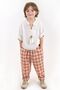 Carrot Trousers Orange Cream Plaid Linen + Cream Linen Drawstring Shirt - 2