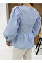 Blouse Bow Balloon Sleeve Blue Straight Line Poplin Women's Blouse - 5