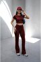 Mila Burgundy Bodycon Stretch Knitted Crop Tshirt and Spanish Flare Leggings Y2K Top-Bottom Set
