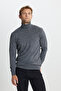 Men's Gray Melange Warm Standard Fit Regular Cut Full Turtleneck Jacquard Wool Knitwear Sweater - 3