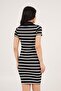 Ribbed Striped Polo Neck Black Dress - 5