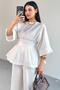 Blz-06285 White Round Neck Double Sleeve Side Zipper Pleated Blouse - 6