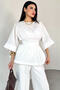 Blz-06285 White Round Neck Double Sleeve Side Zipper Pleated Blouse - 4