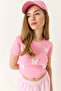 Women's Pink Butterfly Accessory Crew Neck Basic Combed Cotton Crop T-Shirt 60284041 - 3