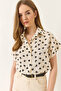 Women's Ecru Black Minimal Patterned Short Bat Sleeve Viscose Shirt 20310 60283222 - 4