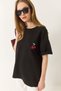 Women's Black Cherry Embroidered Crew Neck Short Sleeve Oversize T-Shirt 4011 60283152 - 3