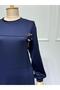Women's Crystal Combed Fabric Bias Collar Buckle Detailed Dress - 3