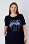Navy Blue Pocket Embroidery and Stone Detailed Viscose Women's Large Size Short Sleeve Dress - 3