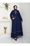 Women's Tesettür Leopard Dress Double Abaya Set Navy Blue - 4