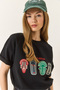 Women's Black Printed Oversize Short Sleeve Basic T-Shirt 60284034 - 2