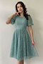 Women's Balloon Sleeve Silvery Flared Midi Length Evening Dress Water Green - 3