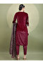 Red Embroidered Velvet Kurta Set with Dupatta - 3