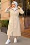 Women's Cream Ankle and Striped Hooded Bondip Long Trench Coat Cap - 2
