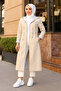 Women's Cream Ankle and Striped Hooded Bondip Long Trench Coat Cap - 3