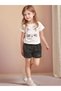 Girl's White-Black Whiskered Cat Printed Shorts-T-Shirt Set