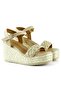 Beige Pearl Embroidered Buckle Straw Weave Look Wedge Heeled Sandals - 4