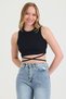 Women's Black Crop T-Shirt with Waist Tie - 4